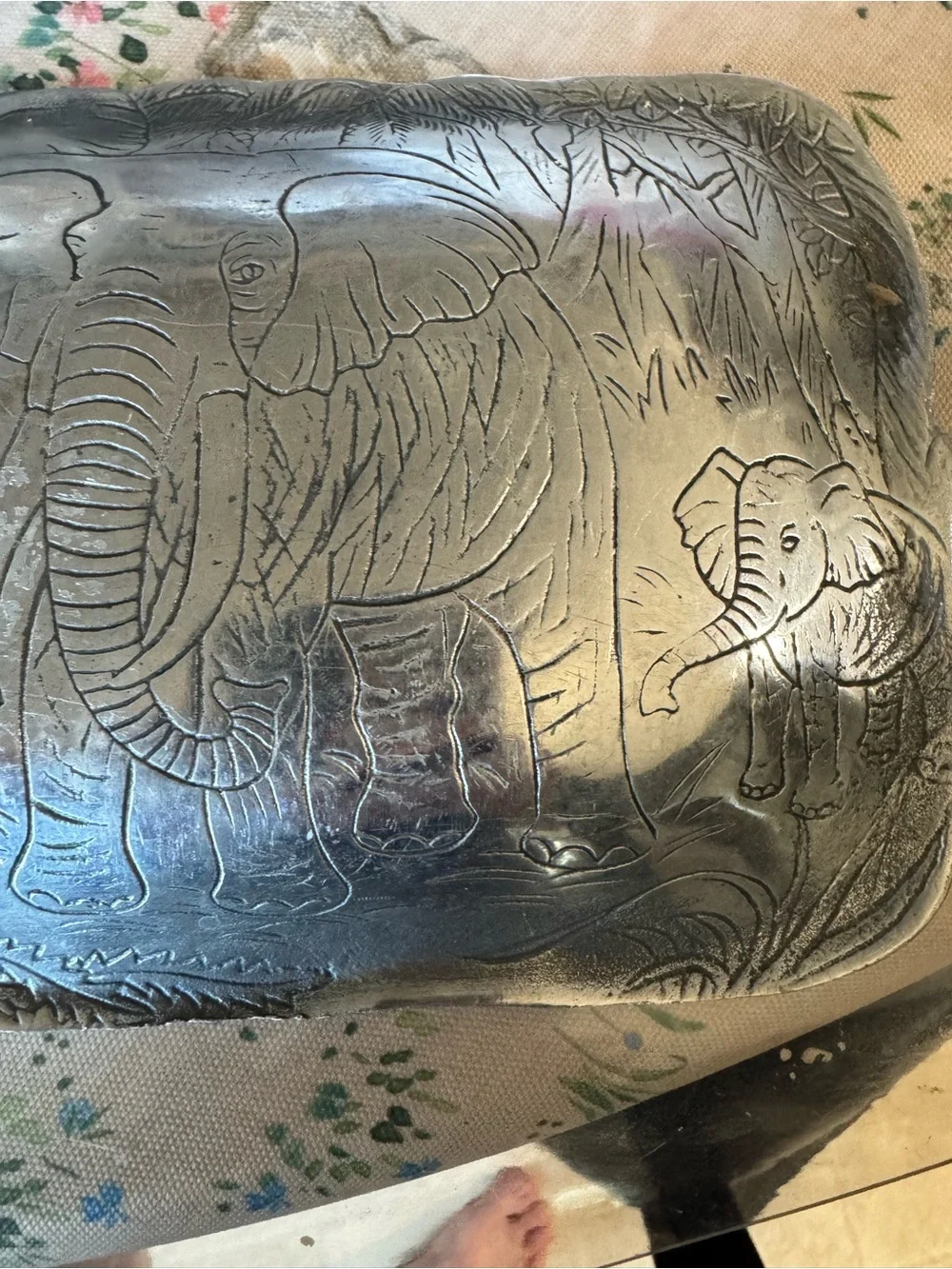 vintage Arthur Court Elephant Serving Tray, embossed safari scene-aluminum